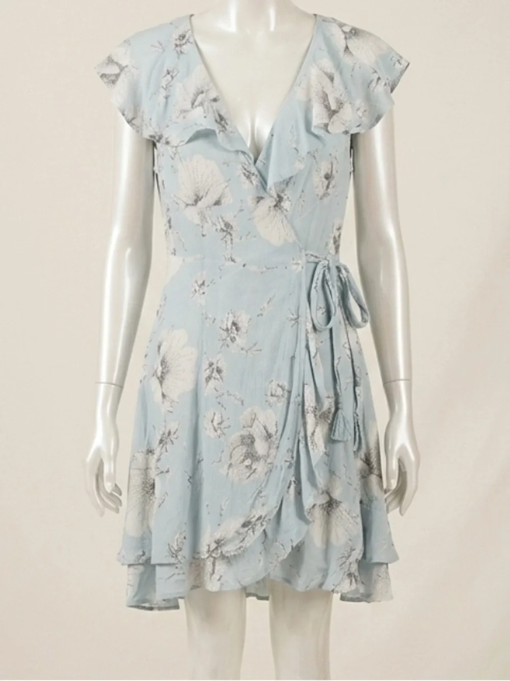 Free People French Quarter Wrap Dress Light Blue Floral Ruffle Mini Small S